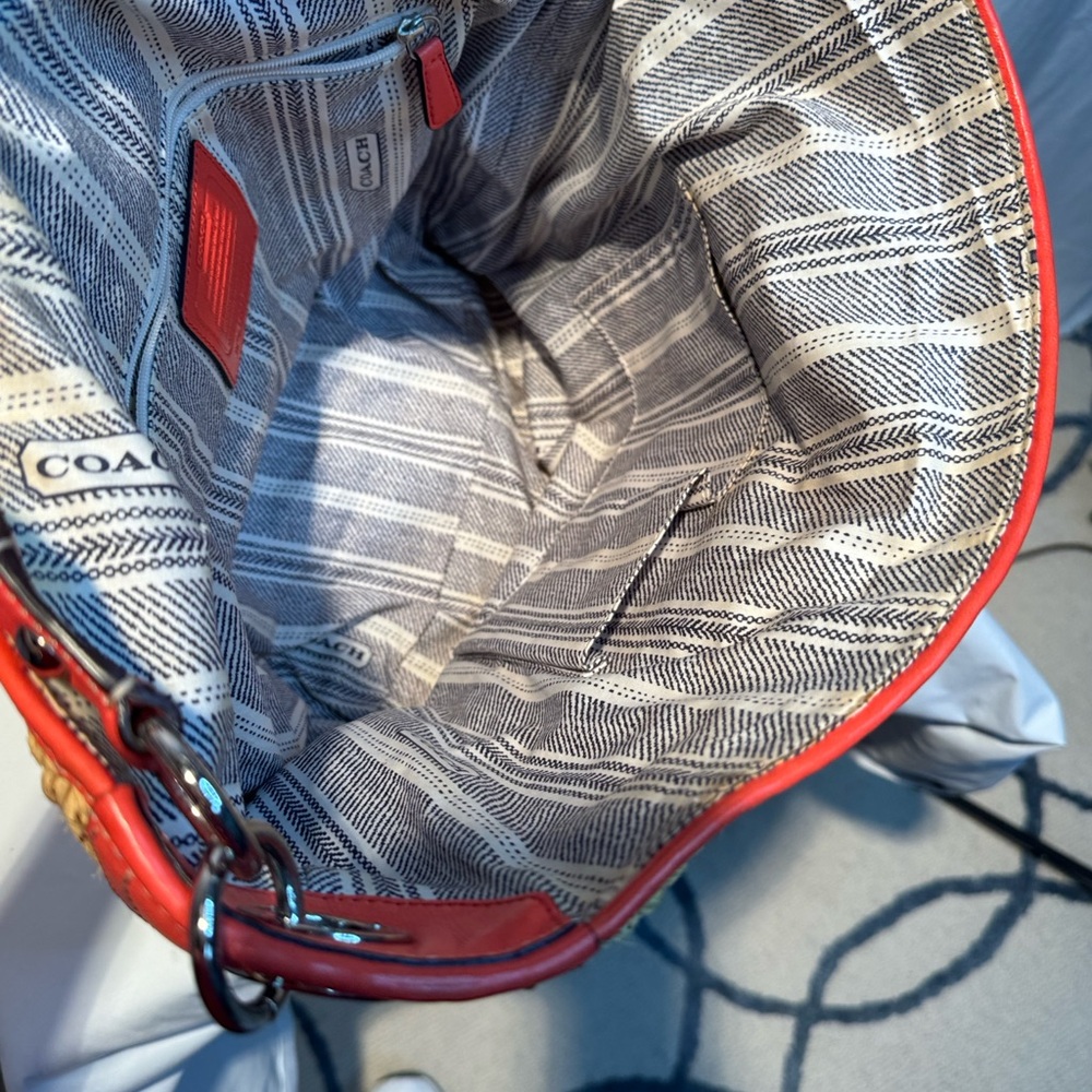 Vintage Coach Large Raffia Hobo Straw/Leather Bag with Coral Trim - Picture 8 of 16